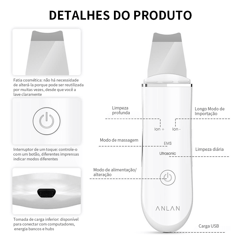 Esfoliante Ultrassônico - Dispositivo de Limpeza Facial - lojadabila.com